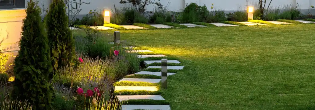 pathway illuminated with outdoor lighting