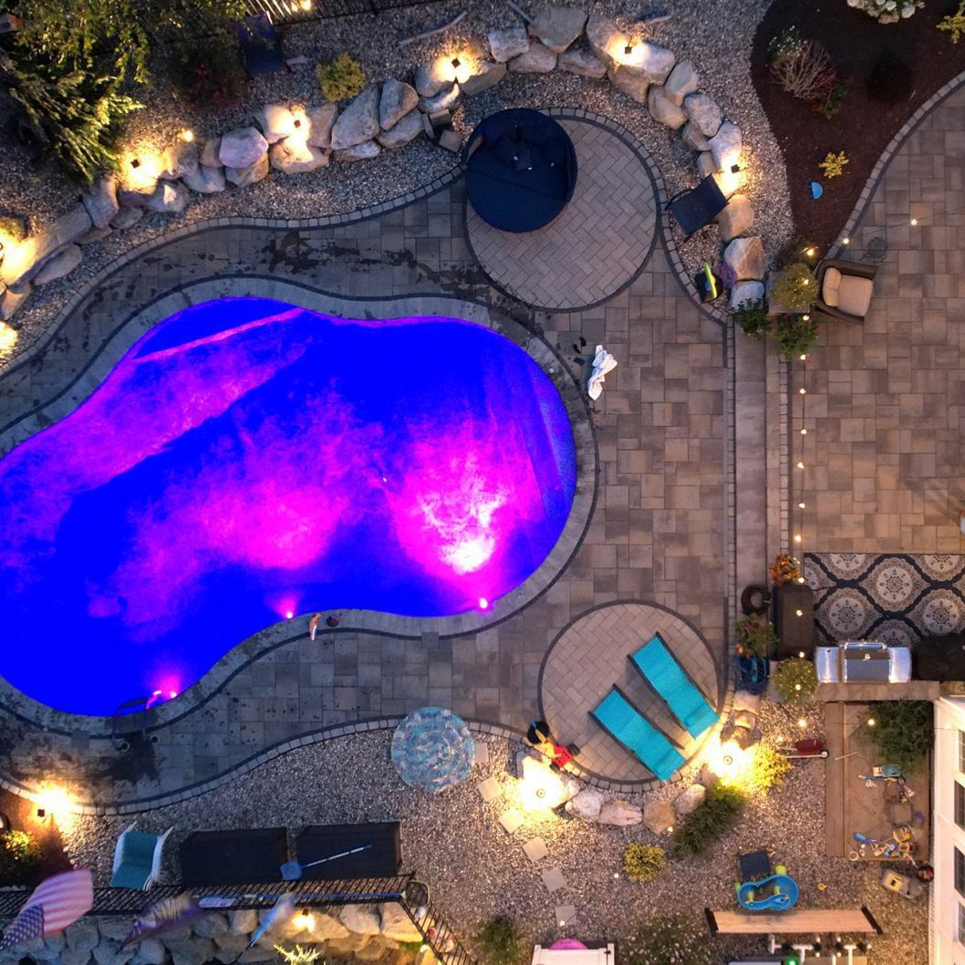 Overhead view of a pool area landscape